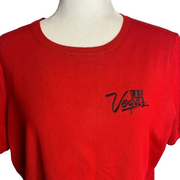 Lands End Embroidered Short Sleeve Sweater XL Red Las Vegas Knit Round Neck - Picture 2 of 7